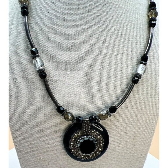 Chicos Statement Necklace With Black & Silver Beads Rhinestone Pendant N1 - Picture 2 of 14